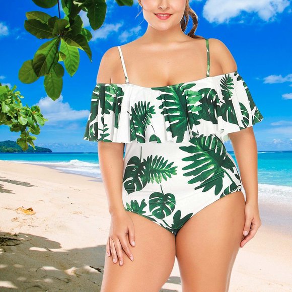 Other - Plus Size 18 White Swimwear One Piece Leaf Print Ruffle Top Womens Swimsuit NNT